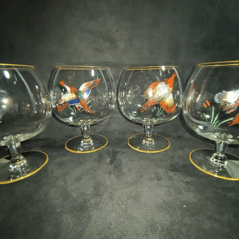 Game Bird Brandy Snifter Glasses with Gold Rims and Base Trim Set of 4 Vtg MCM